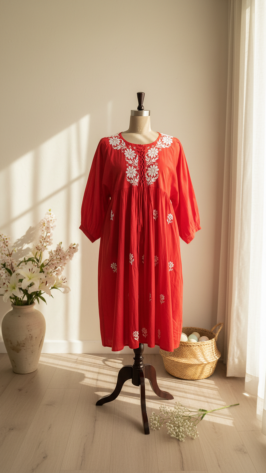 Readymade Cotton Red Dress - Freesize