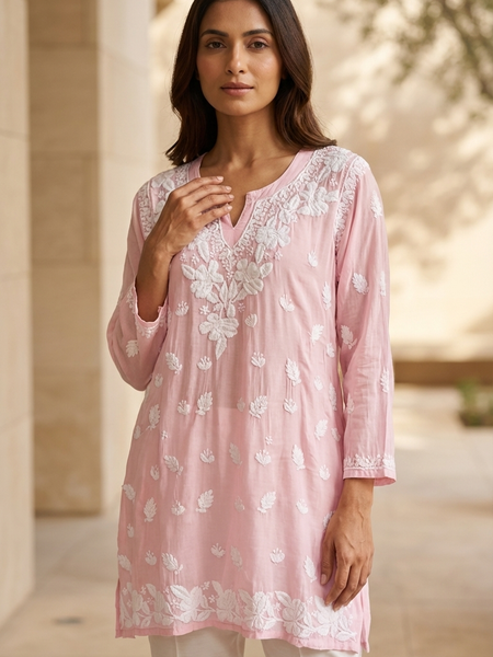 Readymade Pink Muslin Short Kurta