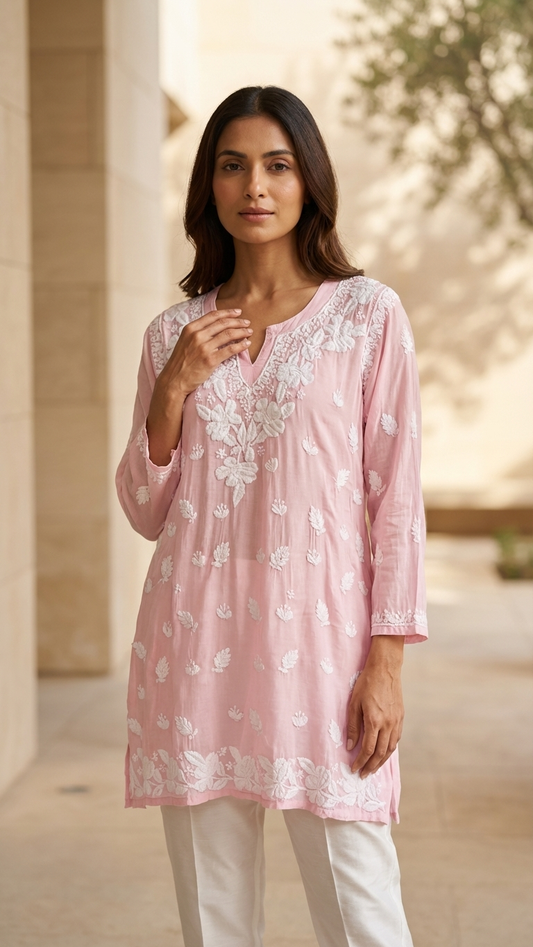 Readymade Pink Muslin Short Kurta