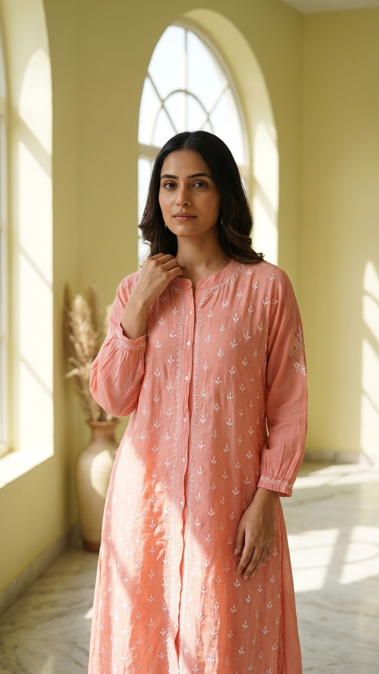 Peach Chikanakri Jacket Dress - Freesize