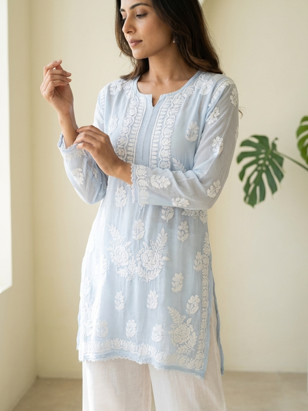 Readymade Blue Muslin Short Kurta