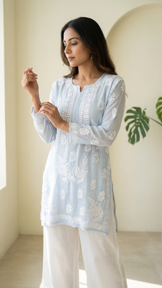 Readymade Blue Muslin Short Kurta