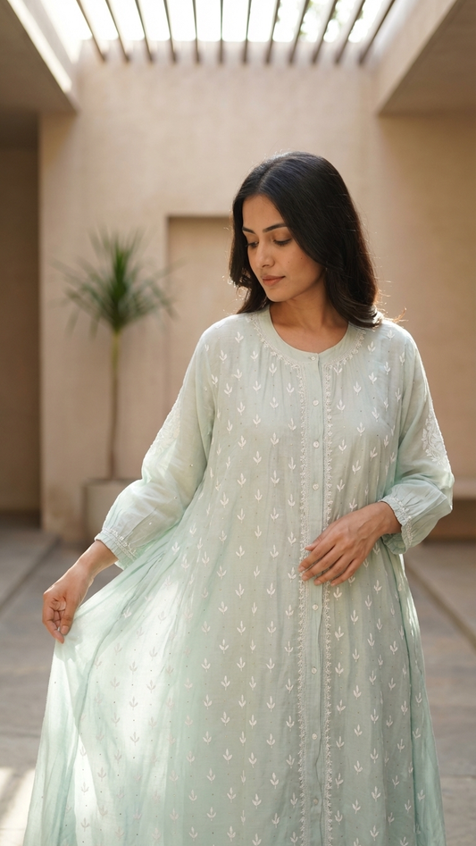 Light Green Chikanakri Jacket Dress - Freesize