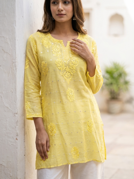 Heritage Scarlet Chanderi Yellow Short Kurti