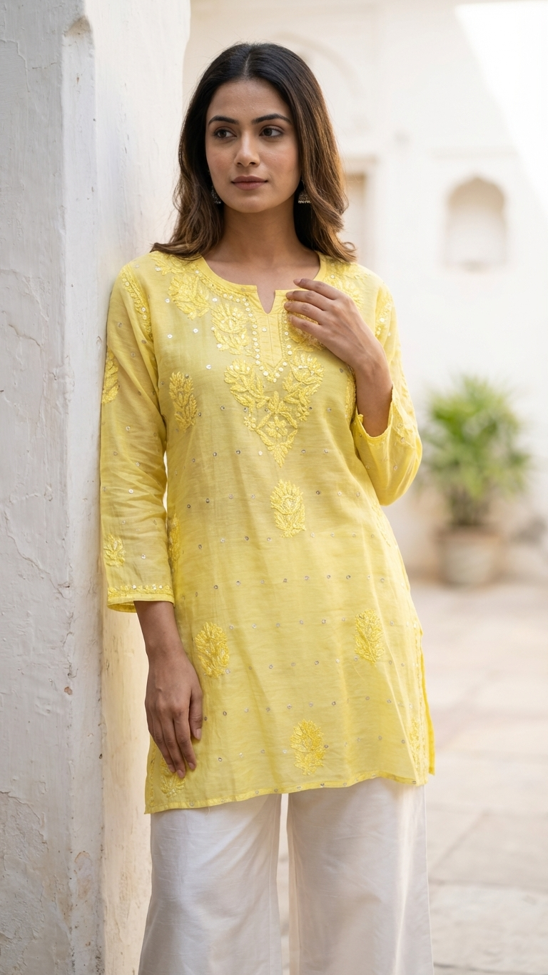 Heritage Scarlet Chanderi Yellow Short Kurti