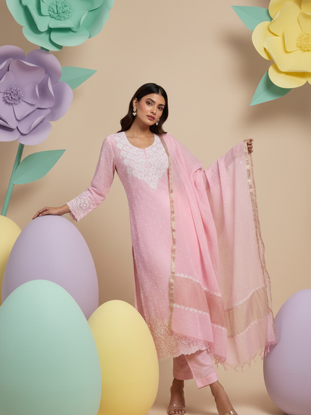 Pink Pearl Chikankari Work Unstitched Suit Set