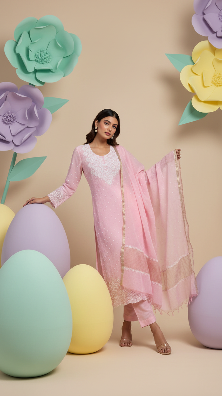 Pink Pearl Chikankari Work Unstitched Suit Set