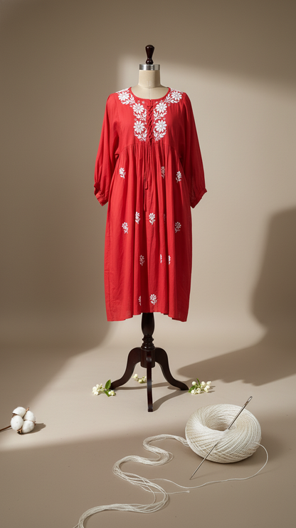 Readymade Cotton Red Dress - Freesize