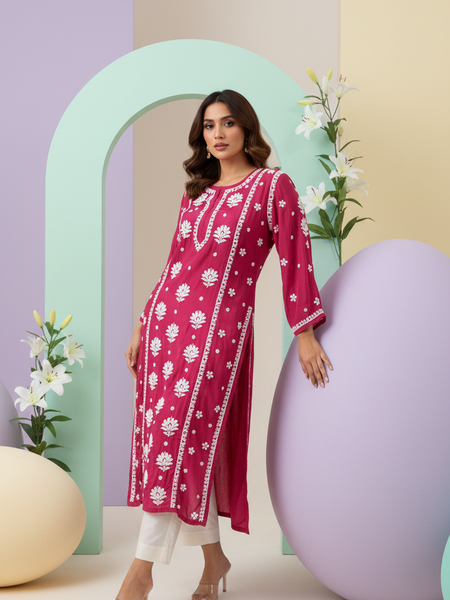 Readymade Crepe Silk in Red Color Kurta