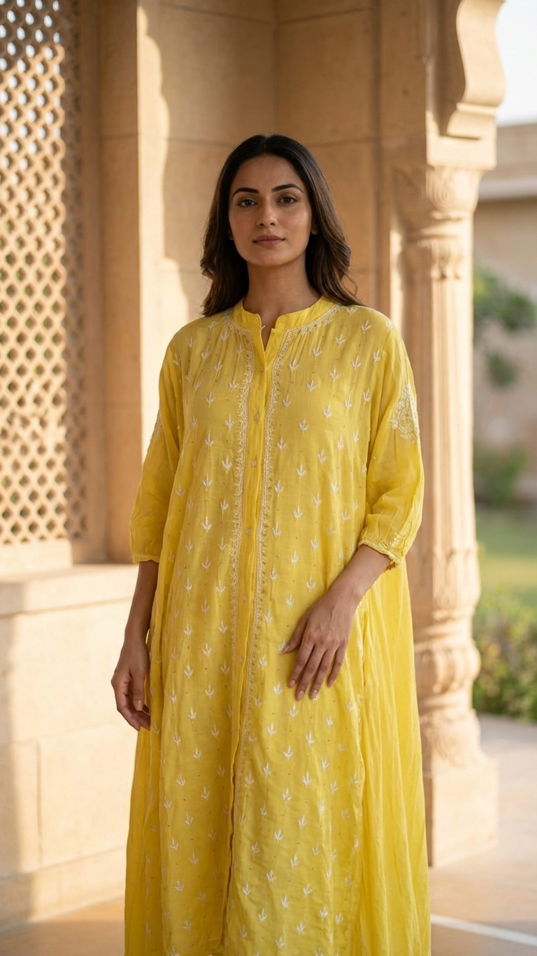 Yellow Chikanakri Jacket Dress - Freesize