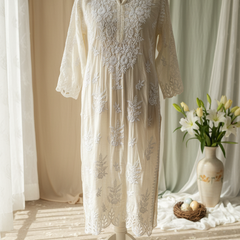 Readymade Crepe Silk Off White Kurta With Cut Work