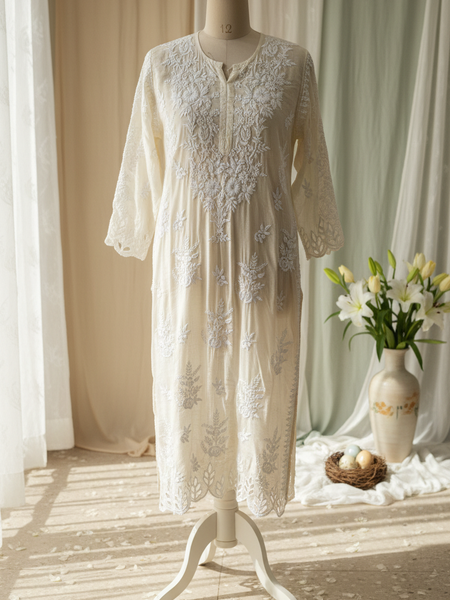 Readymade Crepe Silk Off White Kurta With Cut Work