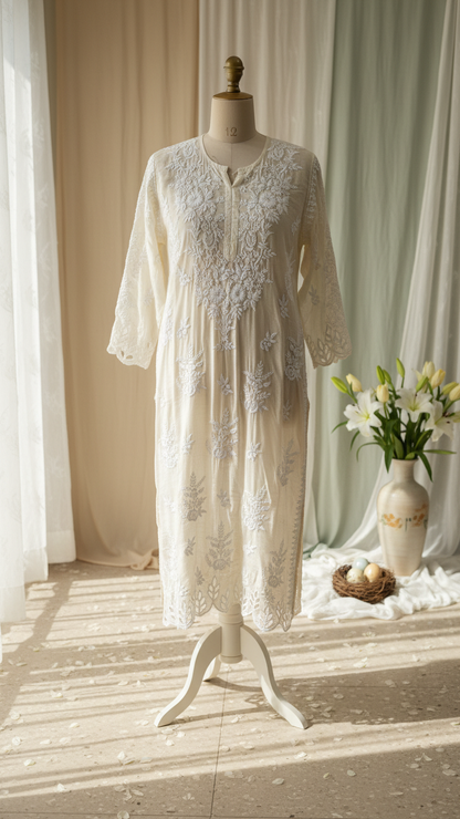 Readymade Crepe Silk Off White Kurta With Cut Work