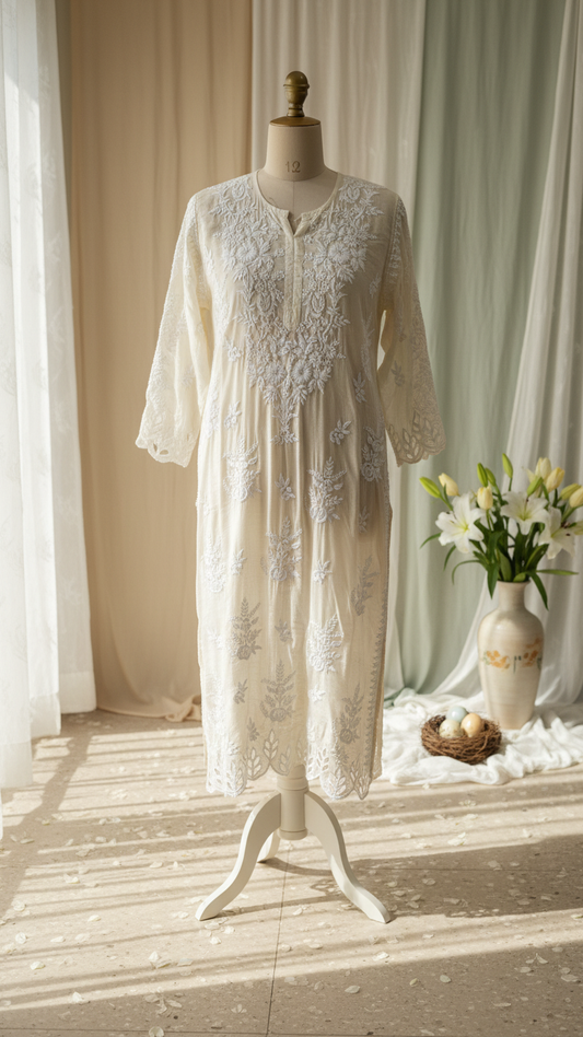 Readymade Crepe Silk Off White Kurta With Cut Work