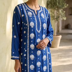 Readymade Crepe Silk in Royal Blue Color Kurta