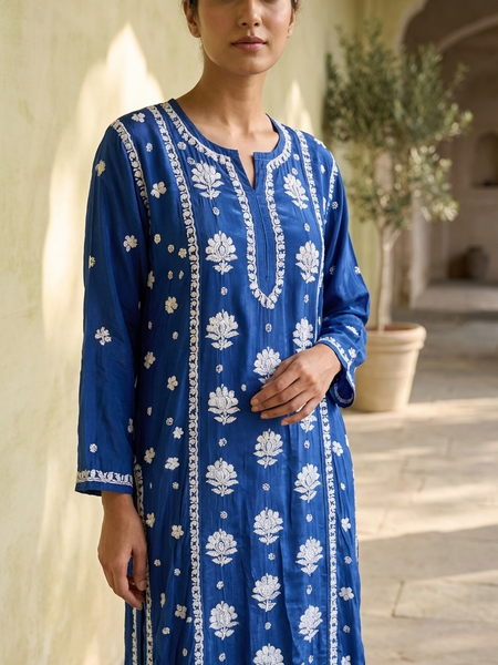 Readymade Crepe Silk in Royal Blue Color Kurta
