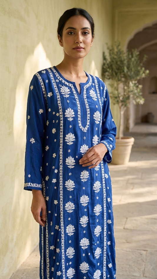Readymade Crepe Silk in Royal Blue Color Kurta