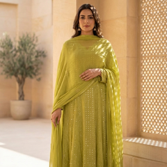 Olive Green Semistitched Georgette Anarkali With Dupatta