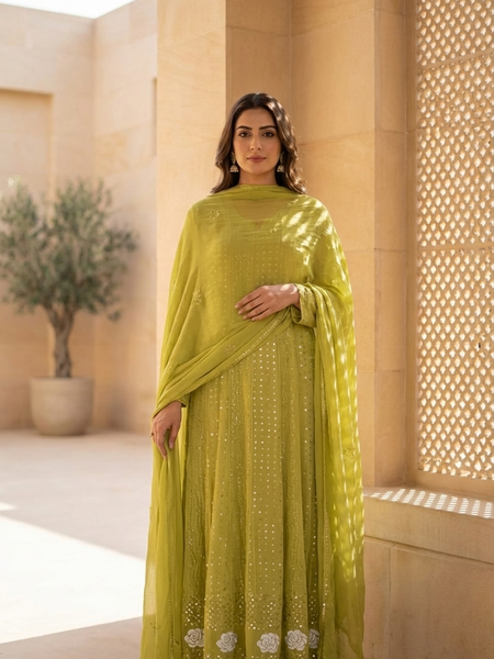 Olive Green Semistitched Georgette Anarkali With Dupatta