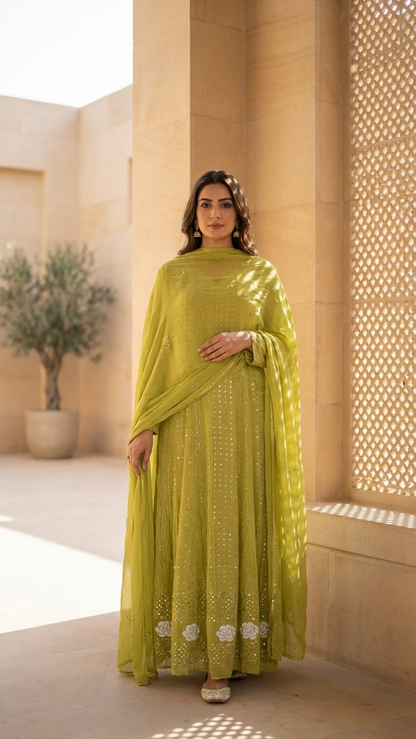 Olive Green Semistitched Georgette Anarkali With Dupatta