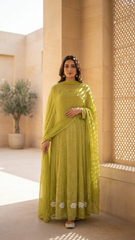 Olive Green Semistitched Georgette Anarkali With Dupatta
