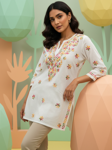 White Short Kurti With Multicolor Chikankari Work