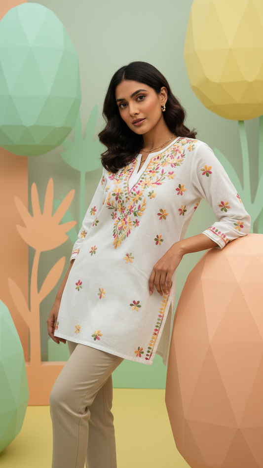 White Short Kurti With Multicolor Chikankari Work