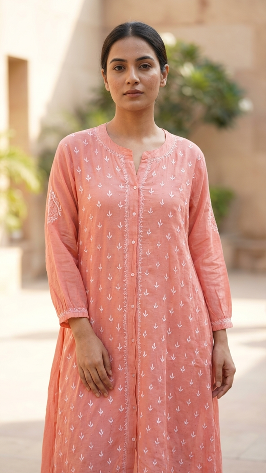 Peach Chikanakri Jacket Dress - Freesize