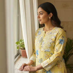 Yellow Chikankari Mulmul Pocket Kurti