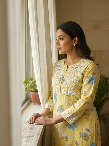 Yellow Chikankari Mulmul Pocket Kurti