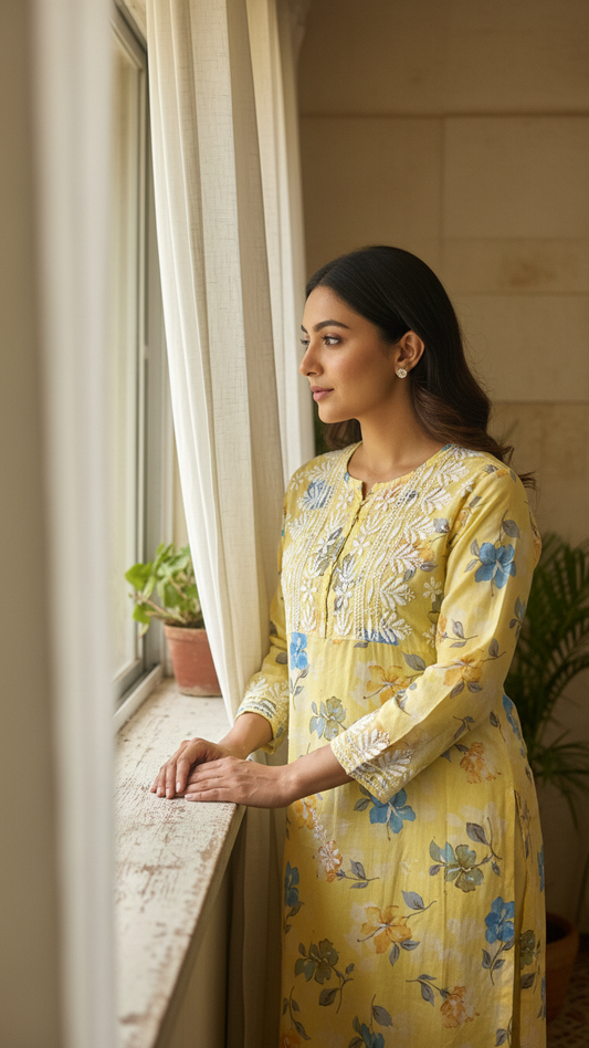 Yellow Chikankari Mulmul Pocket Kurti