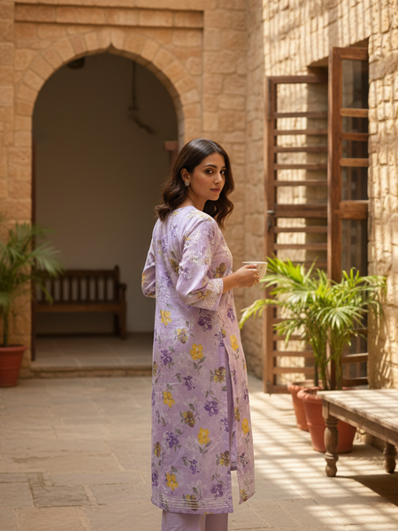 Lavender Chikankari Mulmul Pocket Kurti