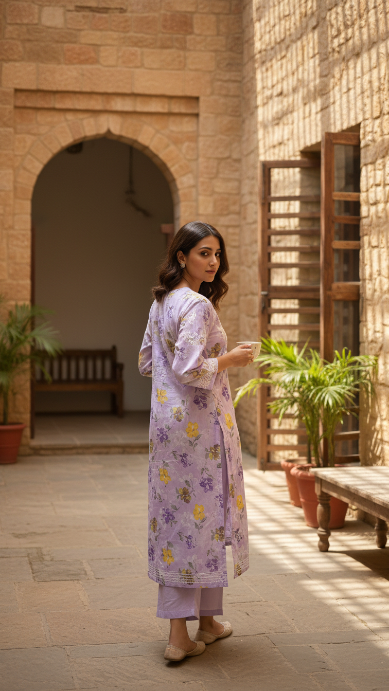 Lavender Chikankari Mulmul Pocket Kurti