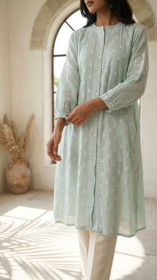 Light Green Chikanakri Jacket Dress - Freesize