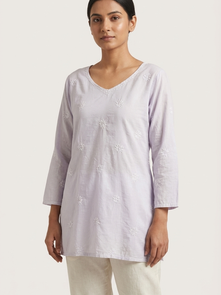 Lavender Readymade Cotton Chanderi Top - Shirt