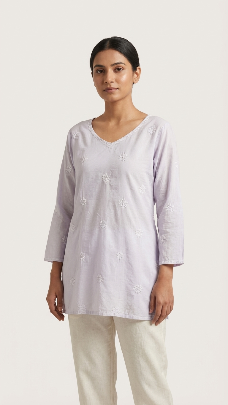 Lavender Readymade Cotton Chanderi Top - Shirt