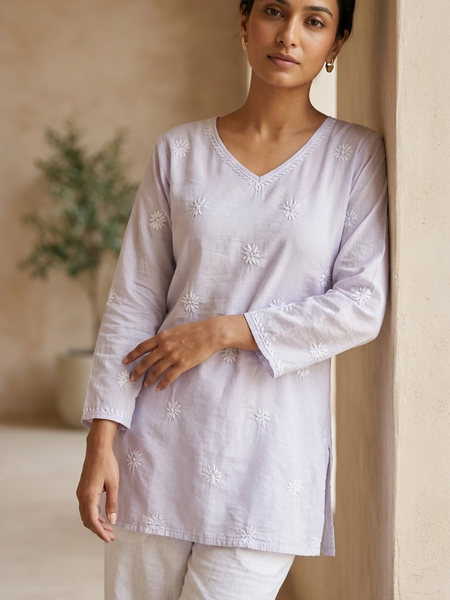 Lavender Readymade Cotton Chanderi Top - Shirt