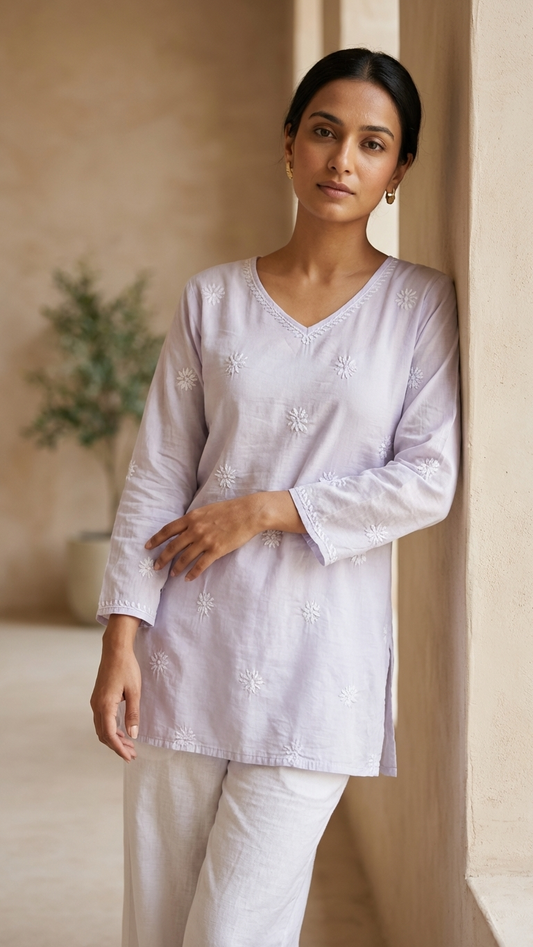 Lavender Readymade Cotton Chanderi Top - Shirt