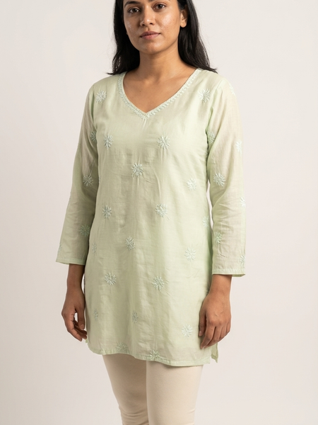 Green Readymade Cotton Chanderi Top - Shirt