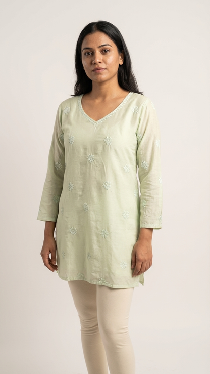 Green Readymade Cotton Chanderi Top - Shirt