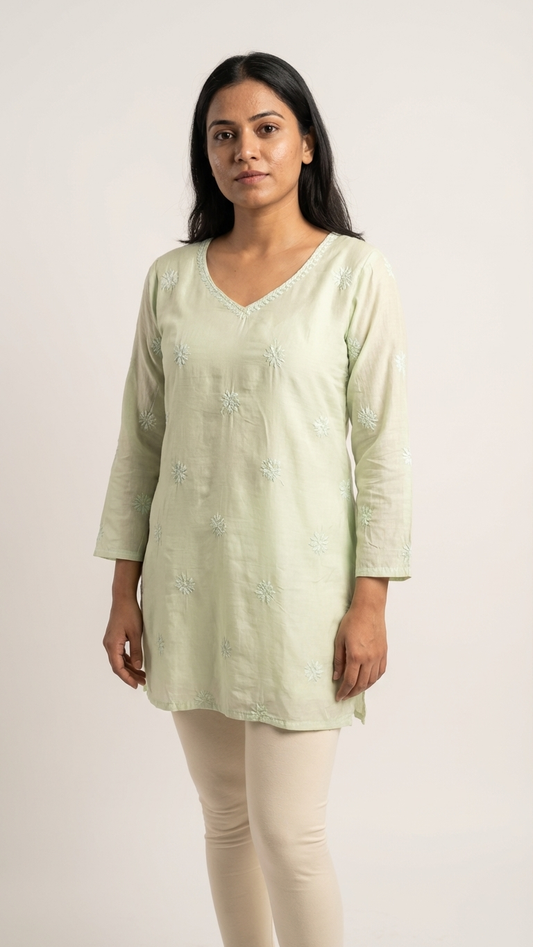 Green Readymade Cotton Chanderi Top - Shirt