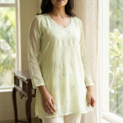 Green Readymade Cotton Chanderi Top - Shirt