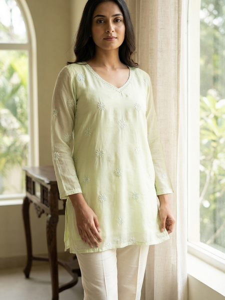 Green Readymade Cotton Chanderi Top - Shirt