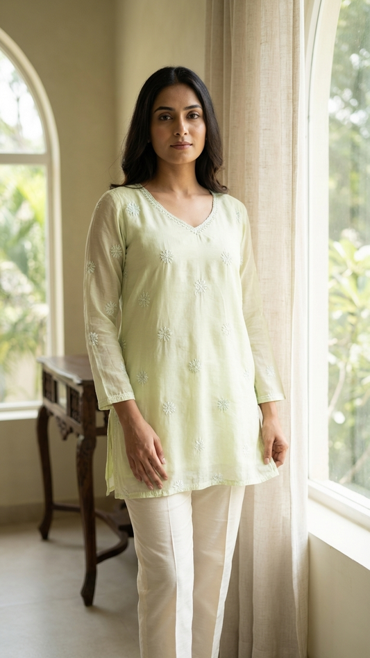 Green Readymade Cotton Chanderi Top - Shirt