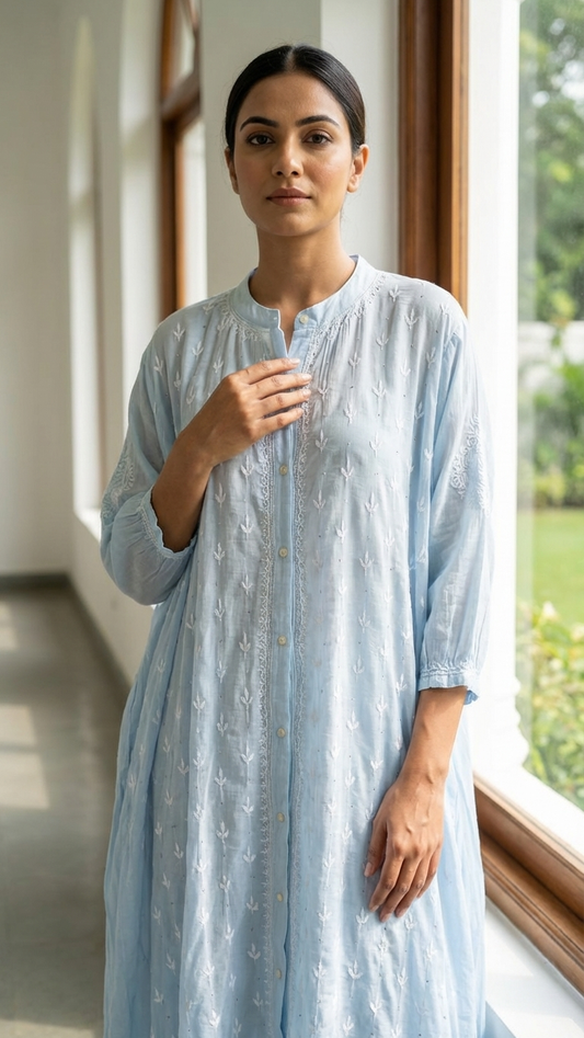 Light Blue Chikanakri Jacket Dress - Freesize