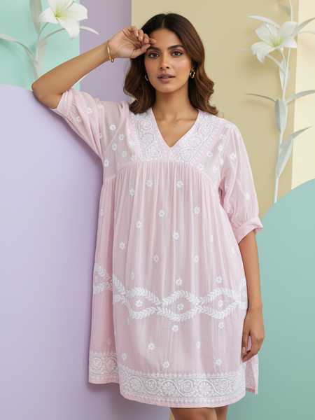 Readymade Pink Muslin Short Kurta - No Side Slit