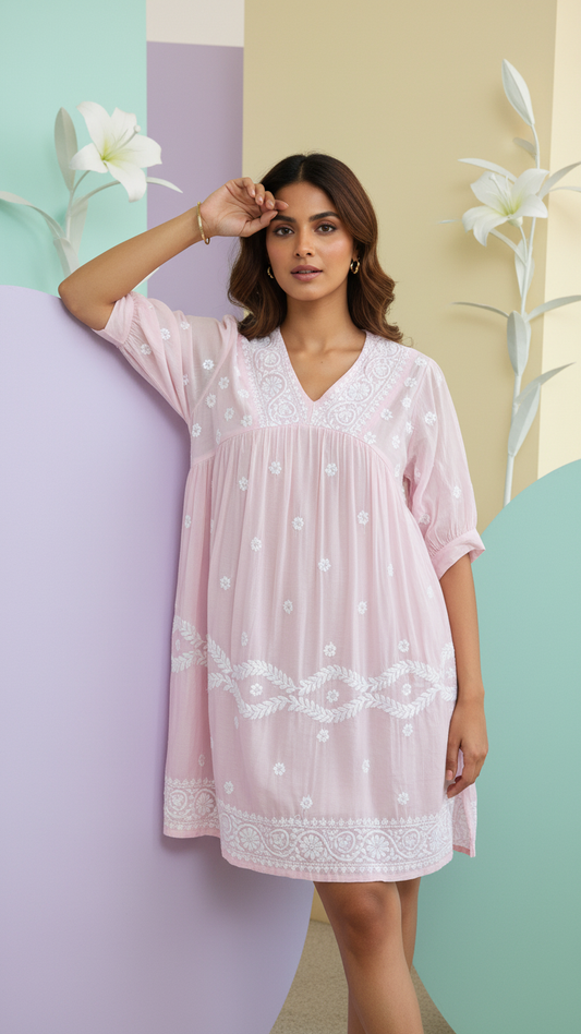 Readymade Pink Muslin Short Kurta - No Side Slit