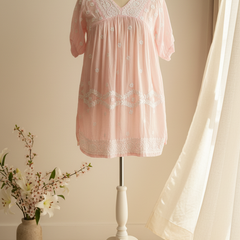 Readymade Pink Muslin Short Kurta - No Side Slit