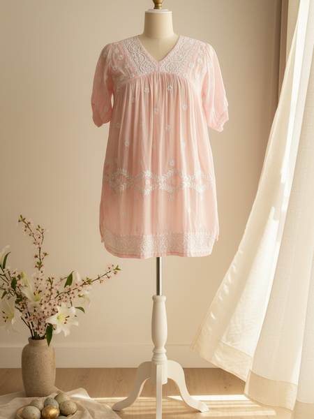 Readymade Pink Muslin Short Kurta - No Side Slit