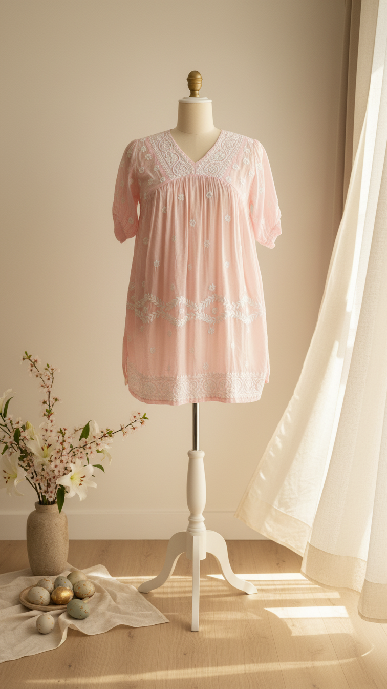 Readymade Pink Muslin Short Kurta - No Side Slit